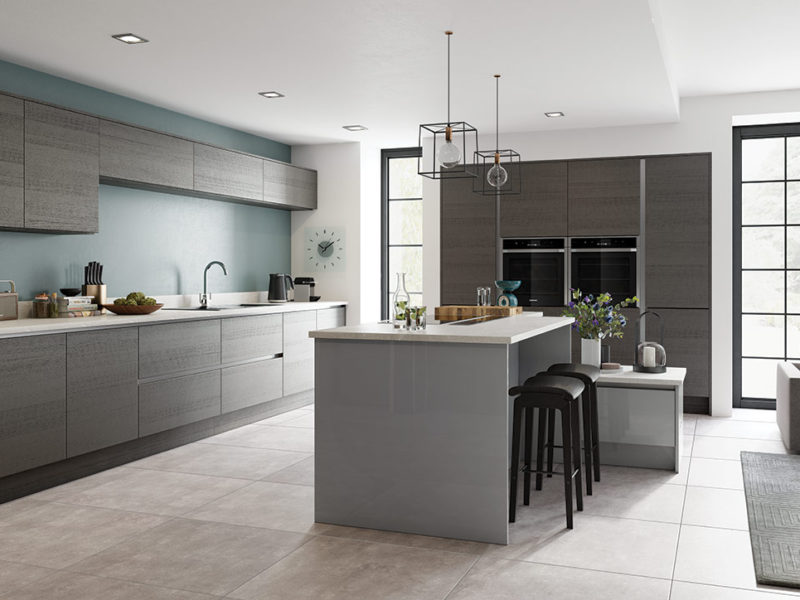 Bespoke Zola Gloss Dust Grey and Tavola Anthracite contemporary kitchen, designed and built in Dungannon, Co Tyrone Northern Ireland.