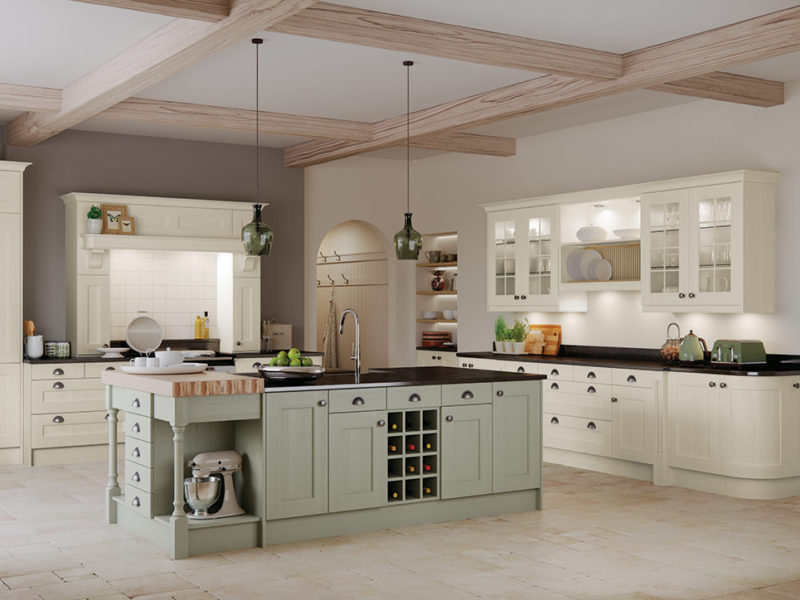 Bespoke Wakefield Ivory Sage Green modern classic kitchen, designed and built in Dungannon, Co Tyrone Northern Ireland.